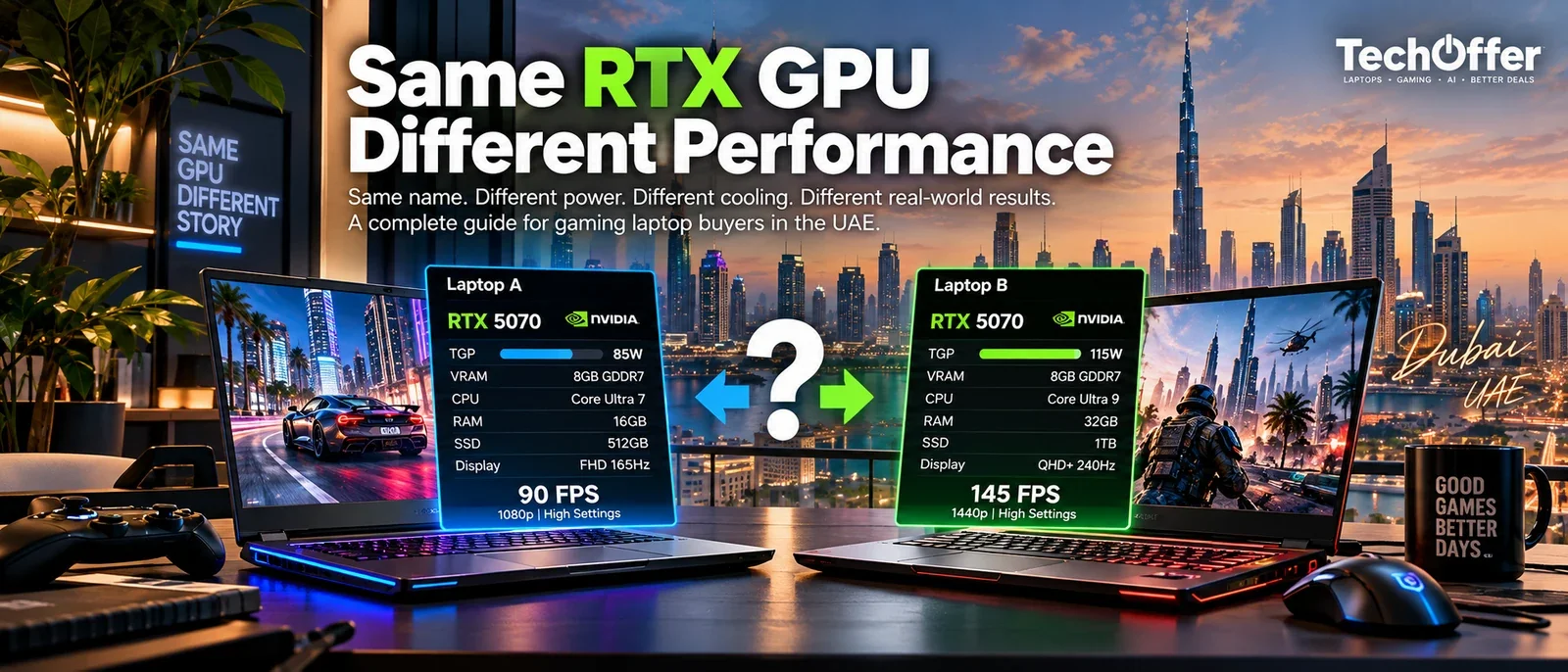 Two gaming laptops with the same RTX 5070 GPU compared side by side across TGP, VRAM, CPU, RAM, SSD and display, showing different frame rates