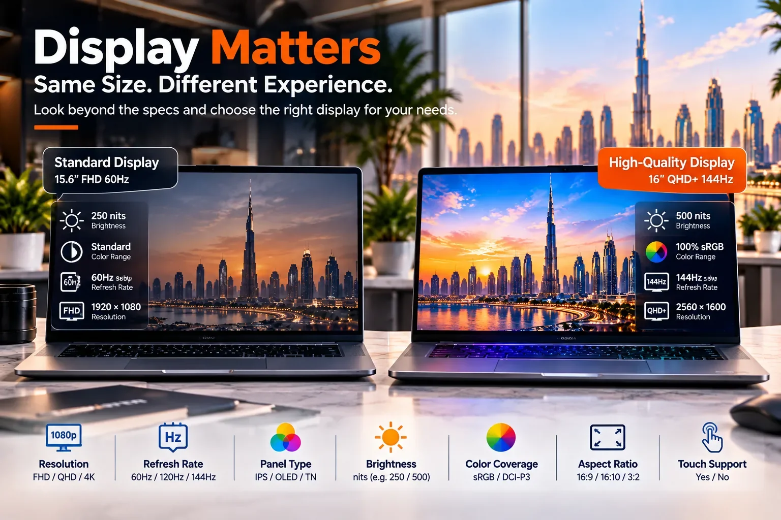 A 15.6-inch FHD 60Hz laptop display compared with a 16-inch QHD+ 144Hz display