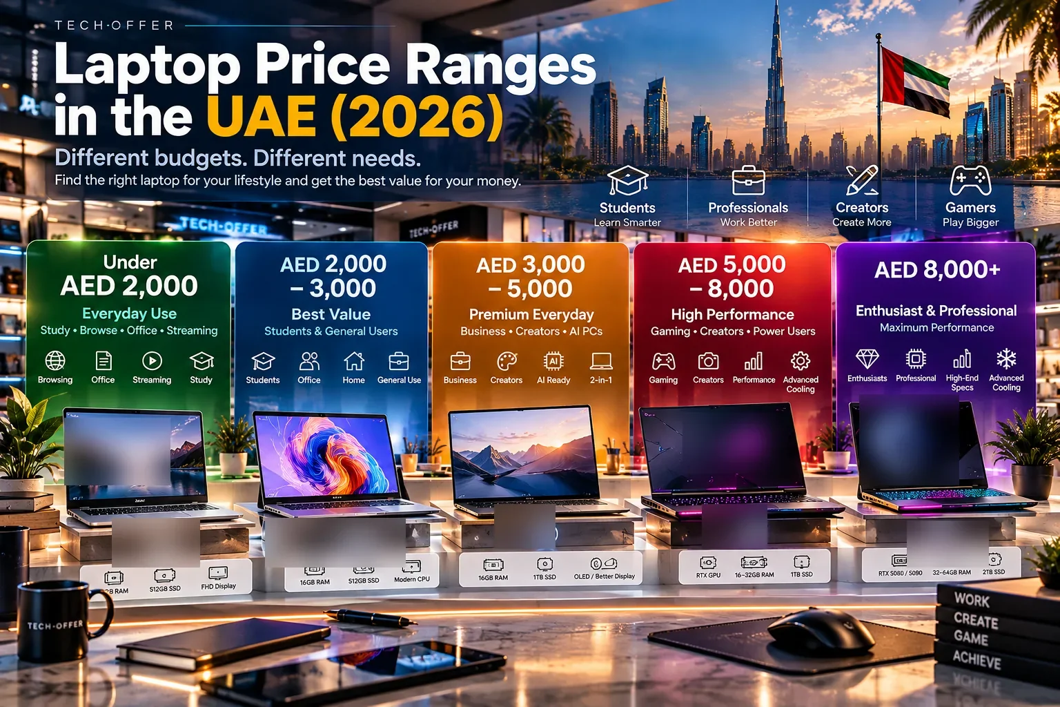 Laptop price ranges in the UAE 2026 by budget in AED