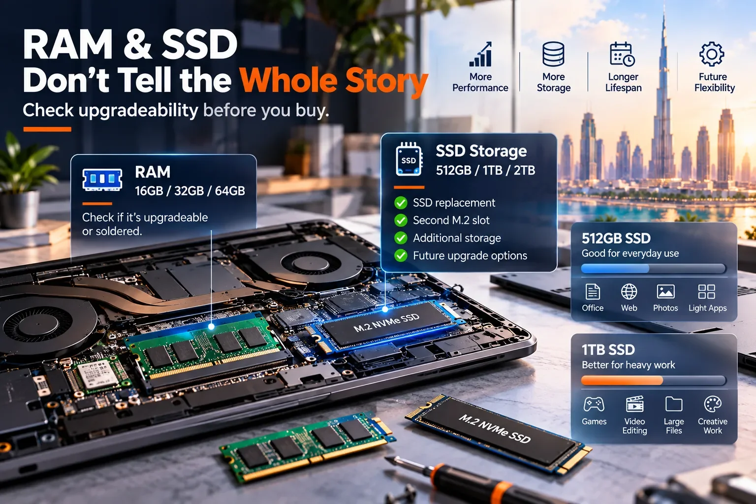 Laptop internals showing upgradeable RAM modules and an M.2 NVMe SSD