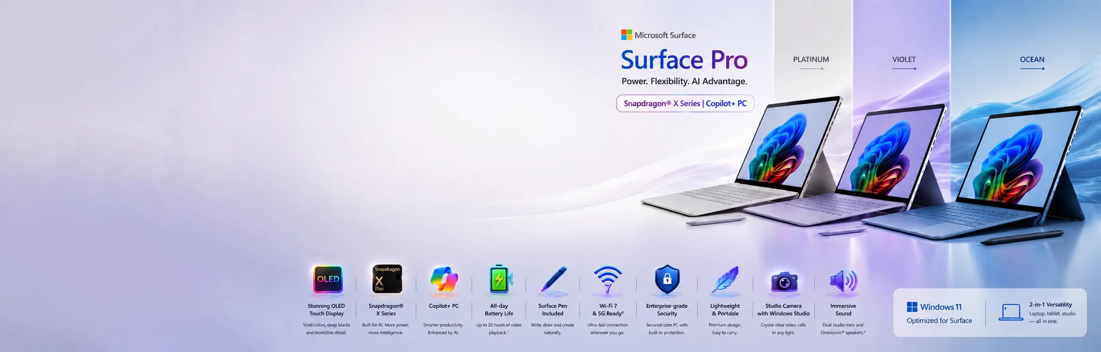 Microsoft Surface Pro Copilot+ PC in the UAE - Platinum, Violet and Ocean, Snapdragon X at Techoffer