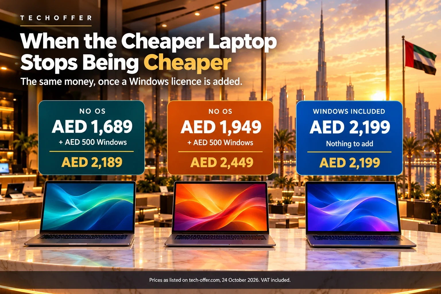 Real cost of a No OS laptop in the UAE once a Windows licence is added, prices dated 24 October 2026