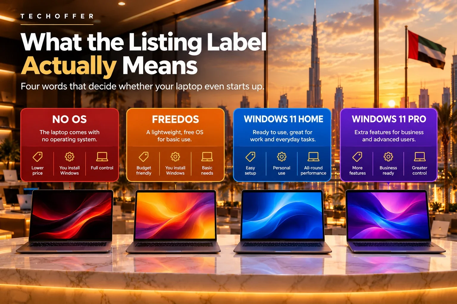 No OS, FreeDOS, Windows 11 Home and Windows 11 Pro compared: what each laptop listing label means
