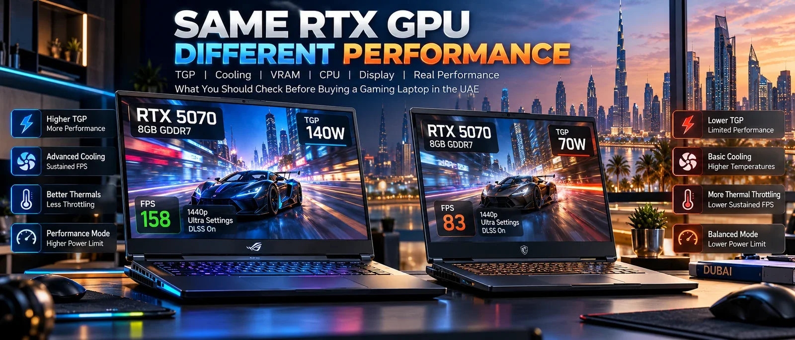 Two laptops with the same RTX 5070 GPU compared at different TGP power limits, showing the effect on cooling, thermal throttling and sustained frame rates