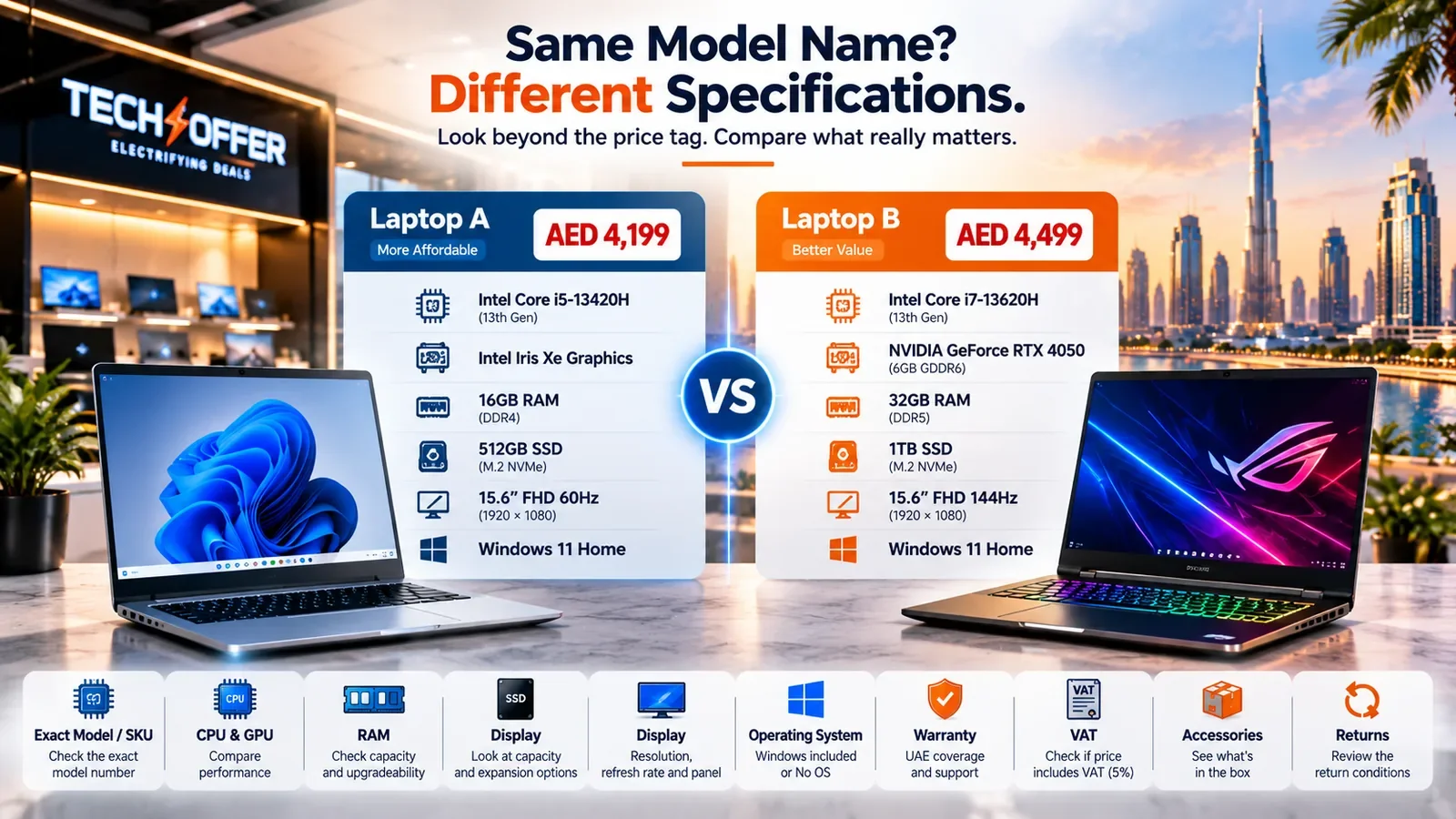 Two laptops with the same model name compared at AED 4,199 and AED 4,499, showing different processor, graphics, RAM, storage and display